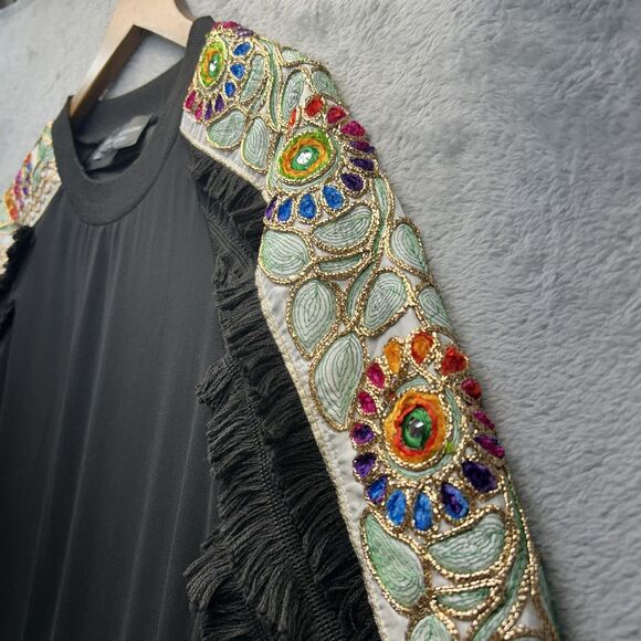 Stella Marina Collezione Dress 2XL Luxury Black Beaded Floral Fringe Shift - Picture 4 of 14